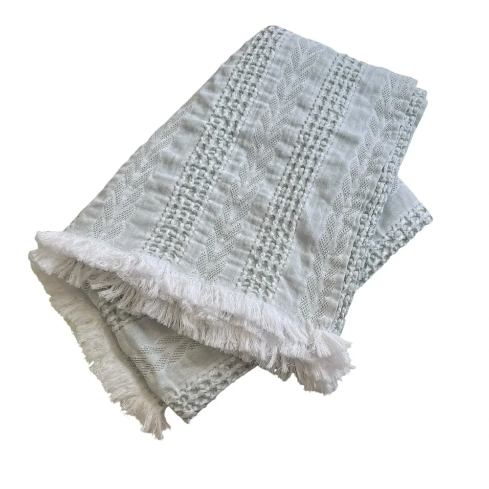 Pereira da Cunha 1936 Light Green Cotton Throw Blanket Knit Fringe Trim Portugal